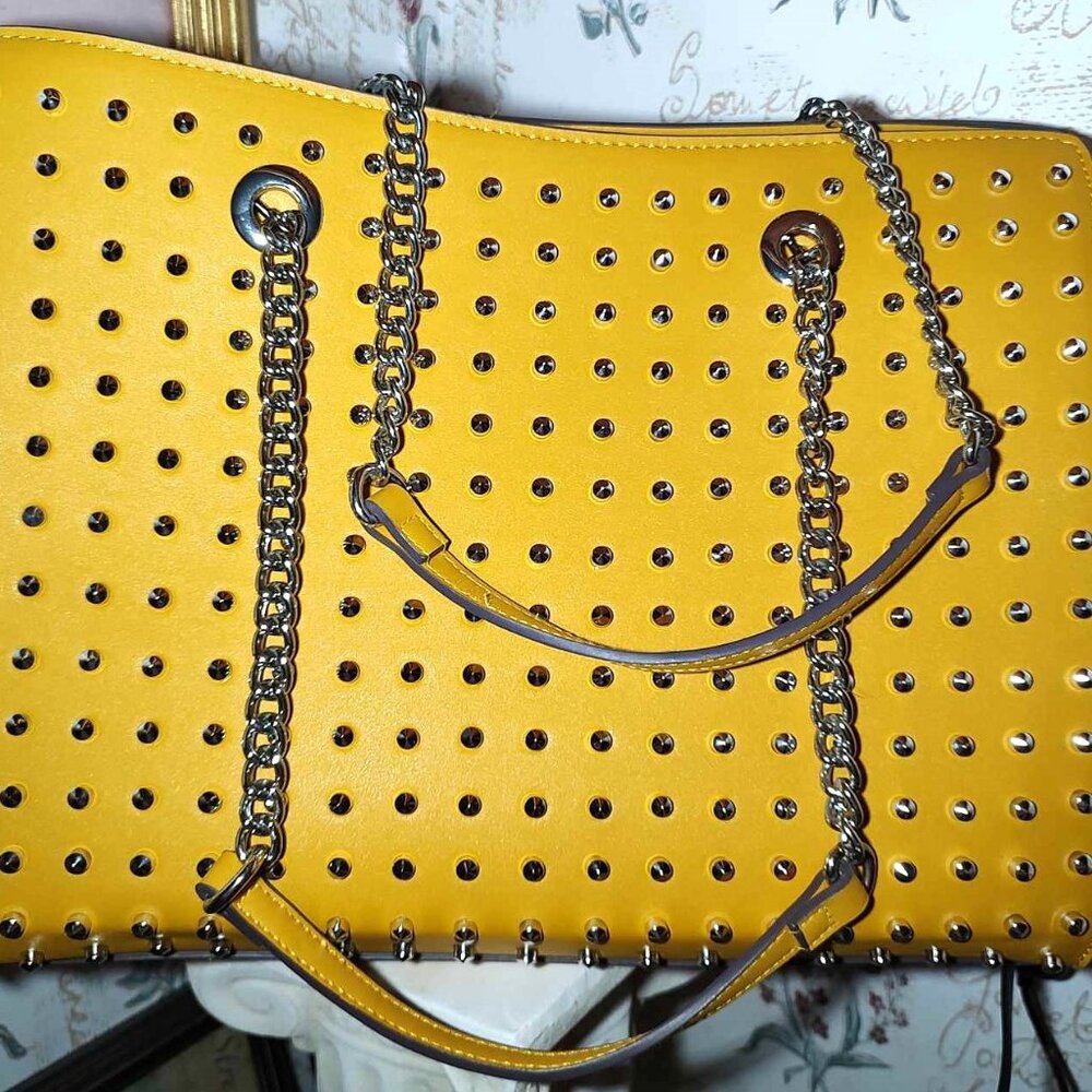 Carlos Santana Large Yellow Tote Purse Bag Studded Chain
